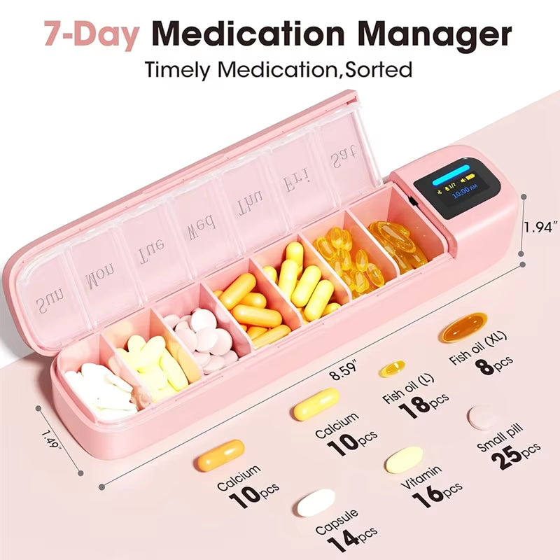 At63-Smart Pill Organizer with APP Integration, Bluetooth Enabled 7-Day Daily Once a Day Pill Dispenser with Alarm, Travel-Ready