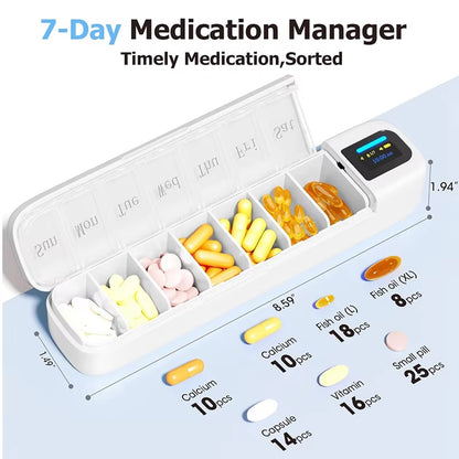 At63-Smart Pill Organizer with APP Integration, Bluetooth Enabled 7-Day Daily Once a Day Pill Dispenser with Alarm, Travel-Ready